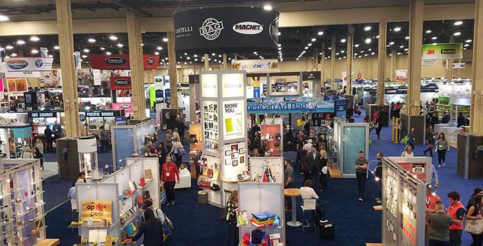 Tradeshow floor of PPAI Expo, where hundreds of promotional product vendors display their newest products.