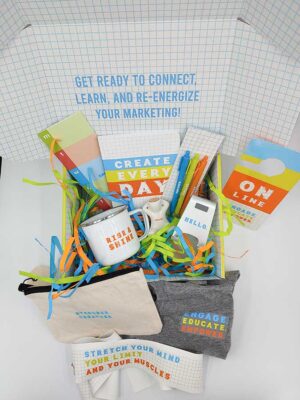 Promotional products inside the E3 campaign box (Engage, Educate, Empower)