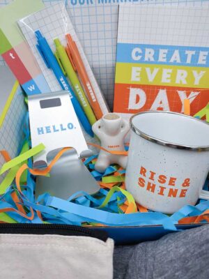 Promotional products inside the E3 campaign box (Engage, Educate, Empower)