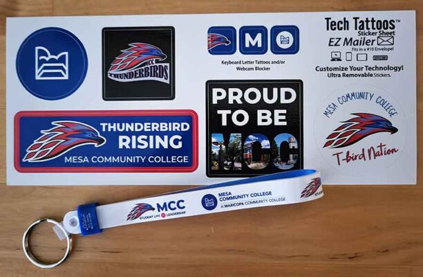 Stickers and keychain for Mesa Community College.