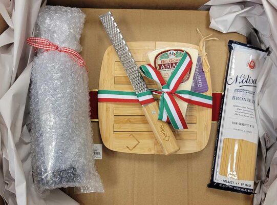 Italian themed dinner gifts in a box.
